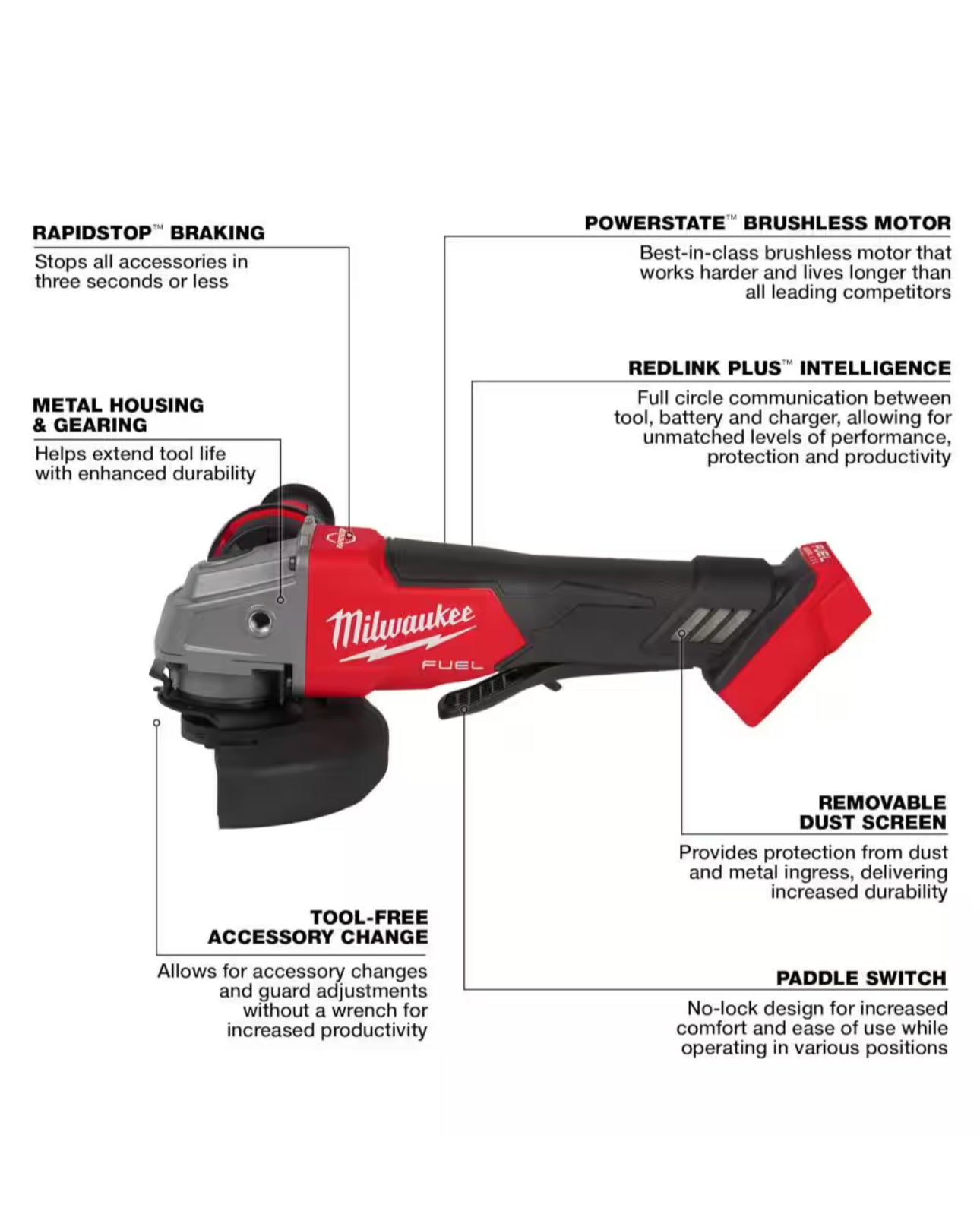 Amoladora angular pequeña inalámbrica Milwaukee M18 FUEL sin escobillas de 4-1/2 pulg. / 5 pulg. con interruptor de paleta sin bloqueo (solo herramienta) 