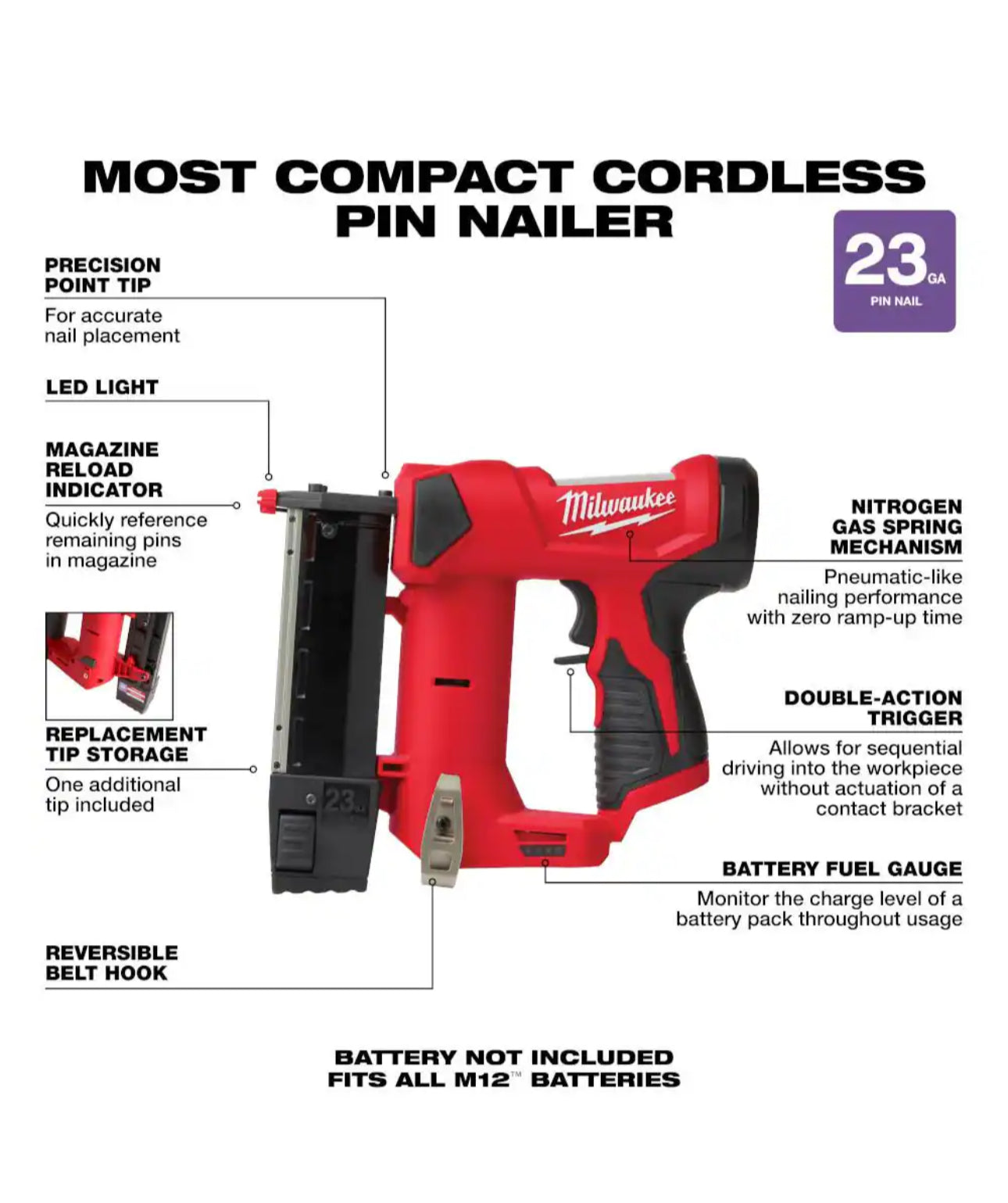 Milwaukee M12 Cordless 23-Gauge Pin Nailer (2540-20)