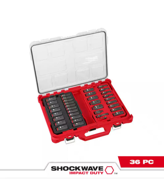 Milwaukee SHOCKWAVE Impact-Duty 3/8” Drive Metric and SAE Deep Well Impact PACKOUT Socket Set (36-Piece)