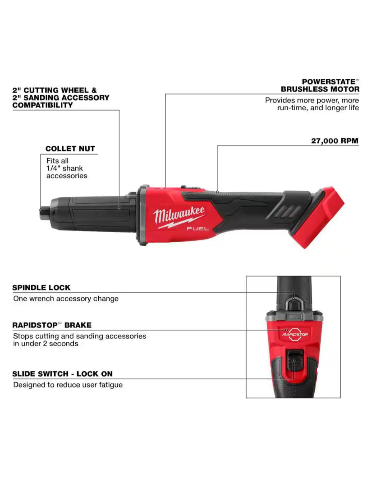 Milwaukee M18 FUEL™ Amoladora troqueladora con freno de 1/4", interruptor deslizante (2939-20) 