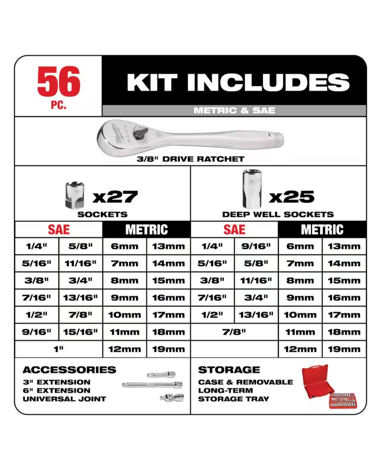 Milwaukee 3/8"-Antrieb SAE/METRISCHES Ratschen- und Steckschlüsselset (56-teilig) 