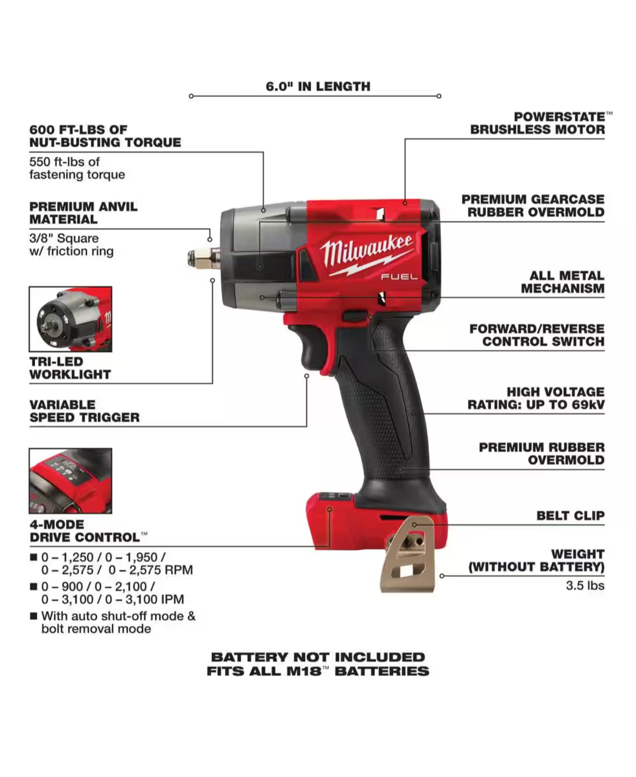 Llave de impacto de torque medio Milwaukee M18 Fuel de 3/8” (2960-20) 