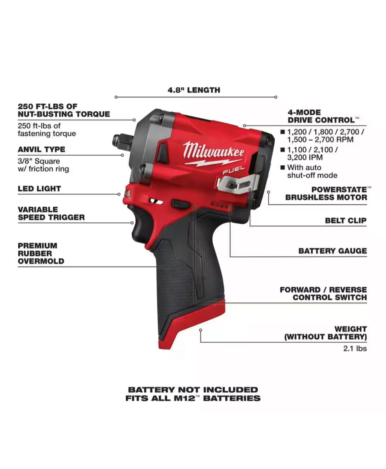 Milwaukee M12 Fuel Stubby 3/8 Impact Wrench (2554-20)