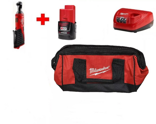 Milwaukee M12 Cordless 3/8” Ratchet(2457-20) Kit with 2.0 ah Battery, Charger, Bag