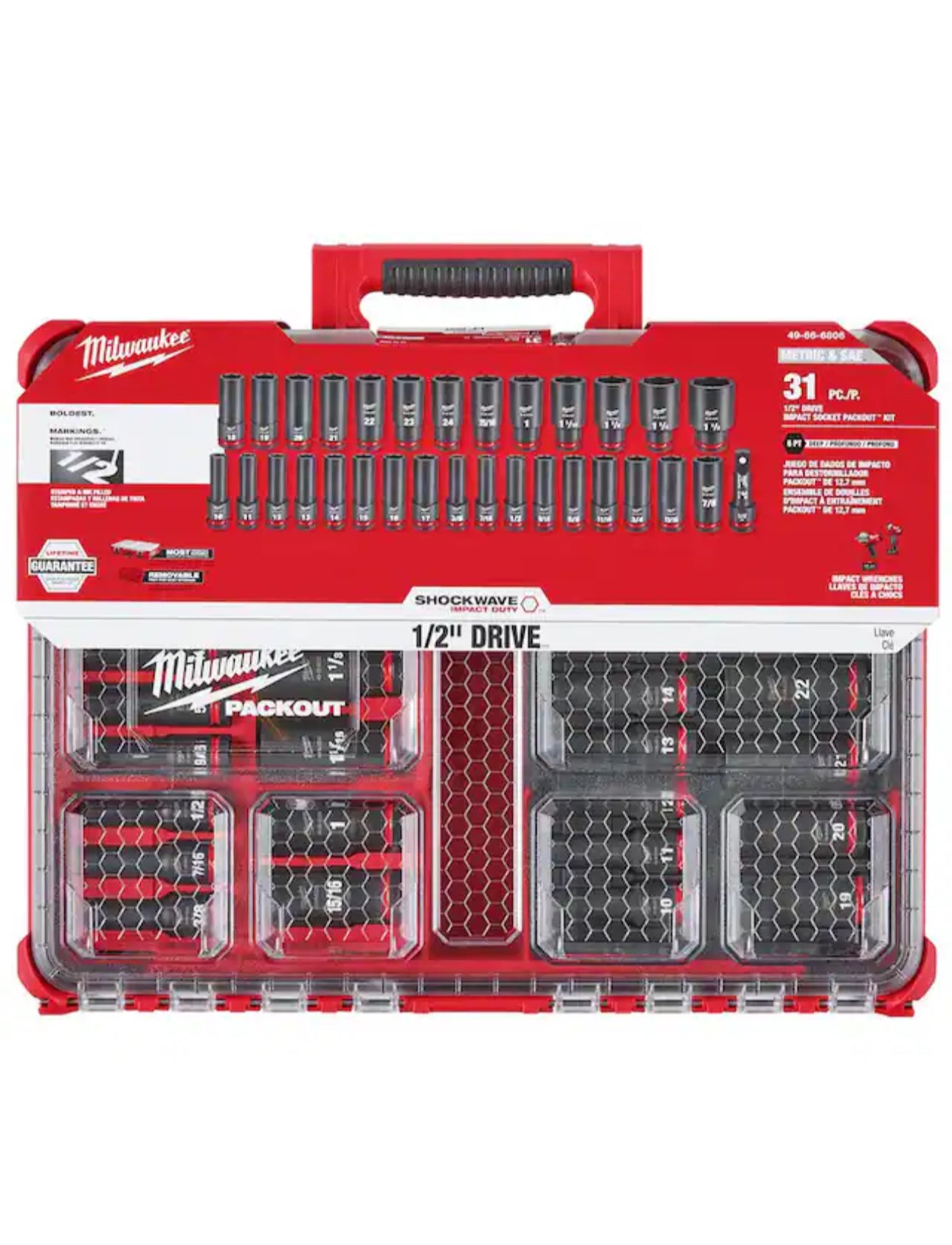 Milwaukee SHOCKWAVE Impact-Duty 1/2"-Antrieb, metrisch und SAE, Deep Well Impact PACKOUT-Steckschlüsselsatz (31-teilig)