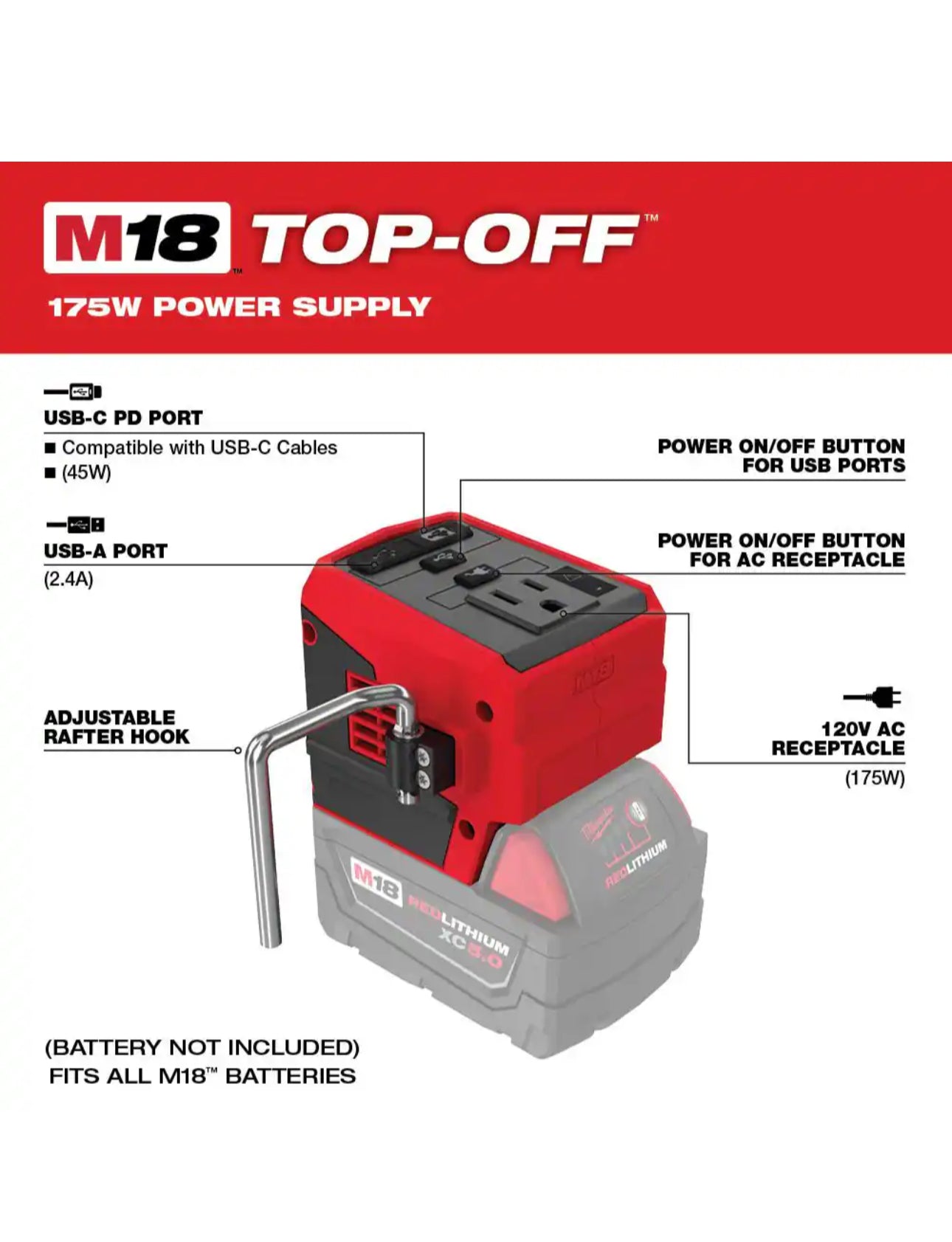 Milwaukee M18 175-Watt Powered Compact Inverter for M18 Batteries (Tool-Only)