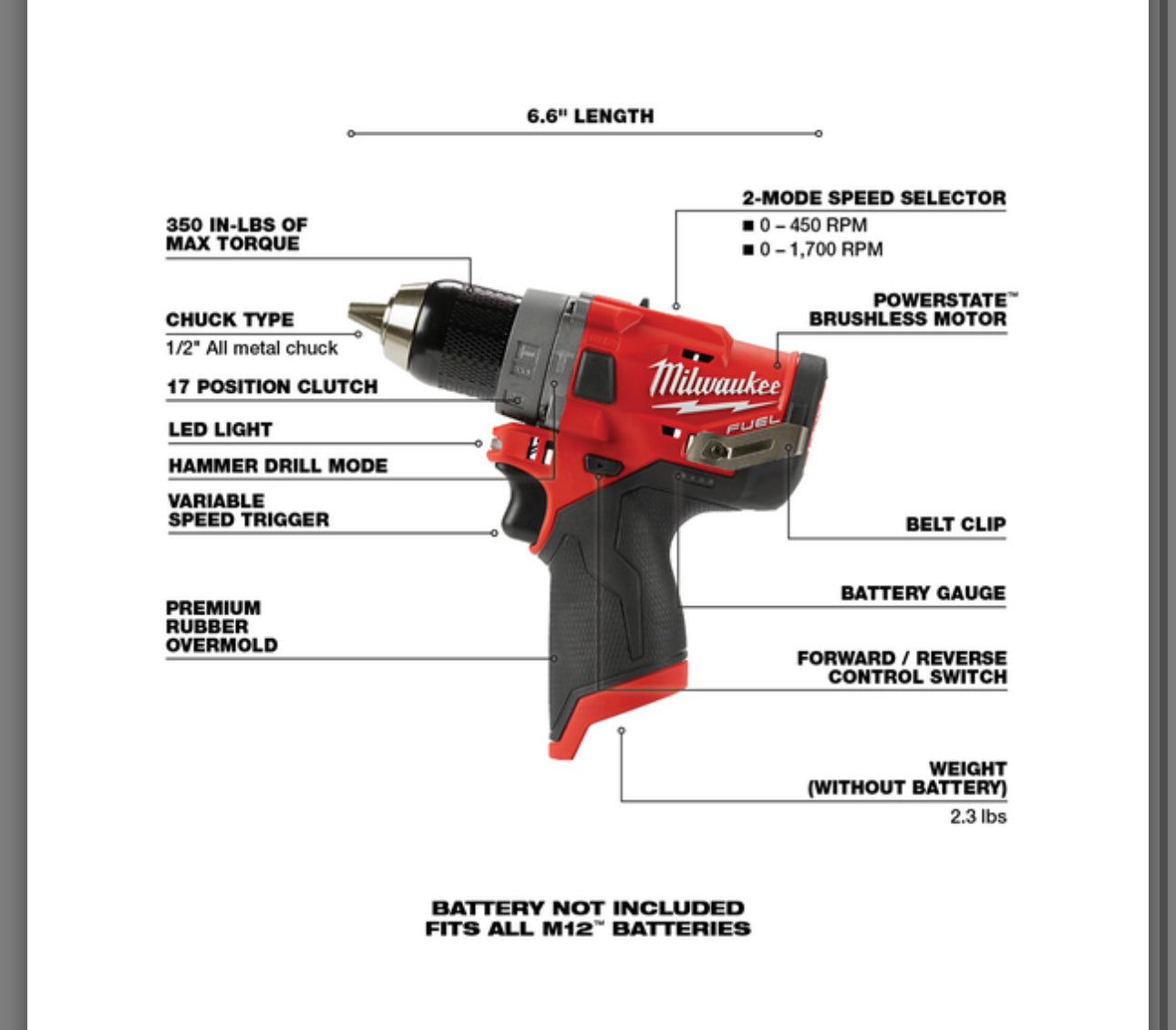 Milwaukee M12 FUEL Cordless 1/2” Hammer Drill (2504-20)