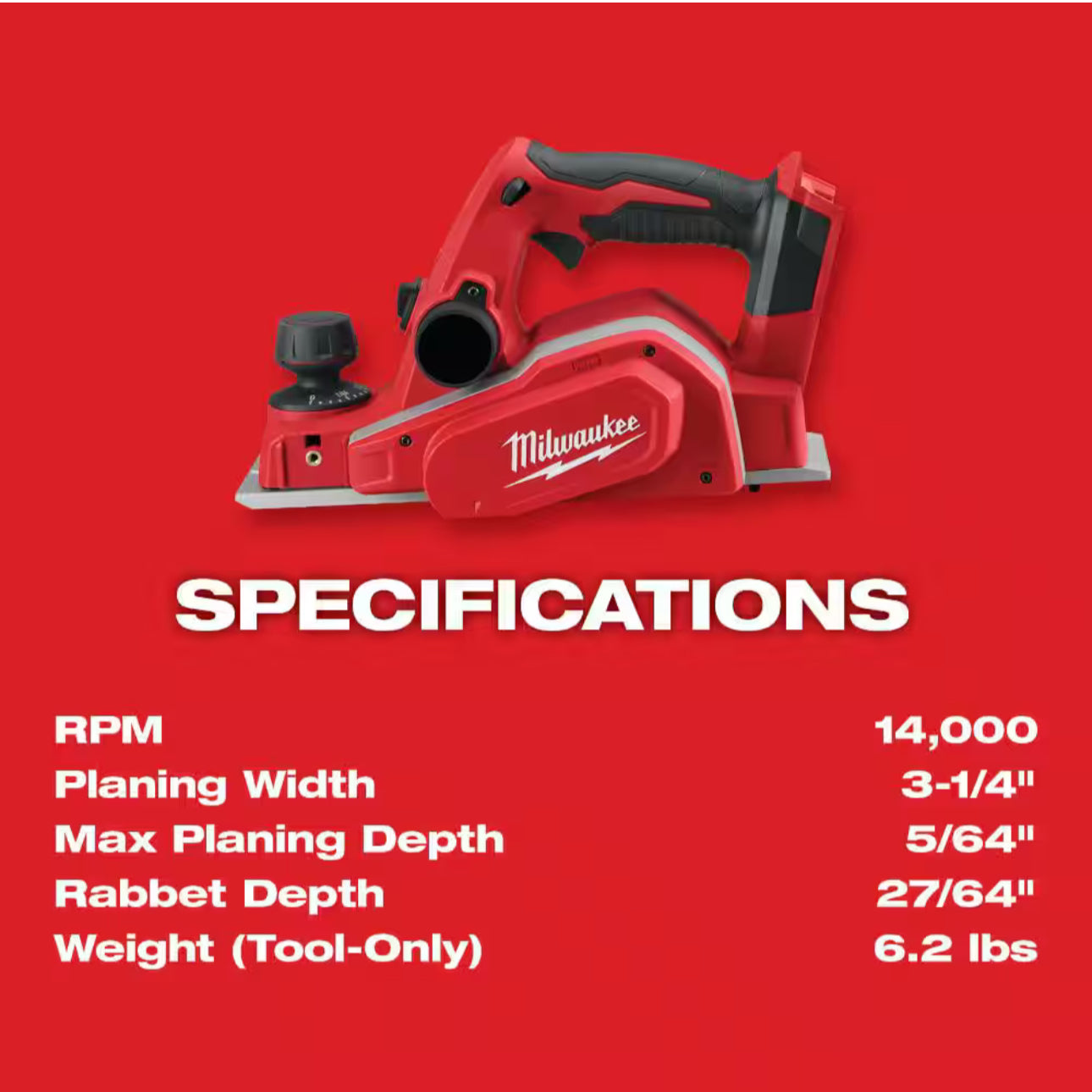 Milwaukee M18 Cordless 3-1/4” Planer (2623-20)