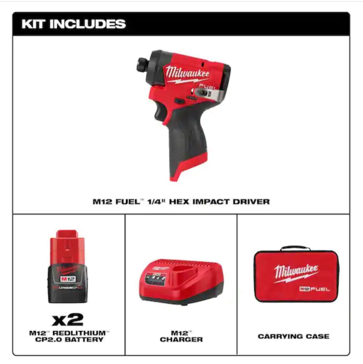 Milwaukee M12 FUEL 1/4 in. Hex Impact Driver Kit (3453-22)