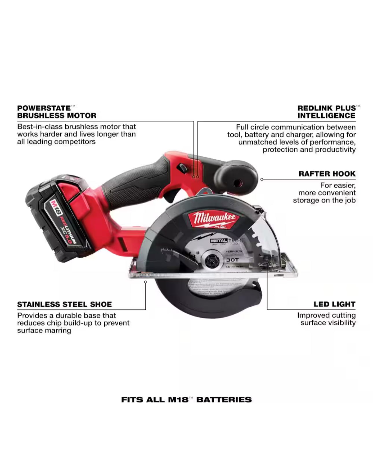 Sierra circular Milwaukee M18 para corte de metales combustibles de 5-3/8 pulgadas (2782-20)