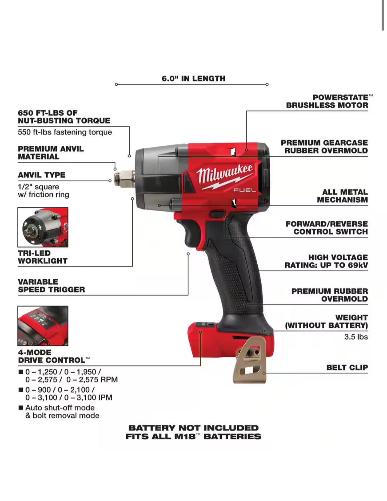 Milwaukee M18 Fuel Mid Torque 1/2 in. Impact Wrench w/Friction Ring (2962-20)