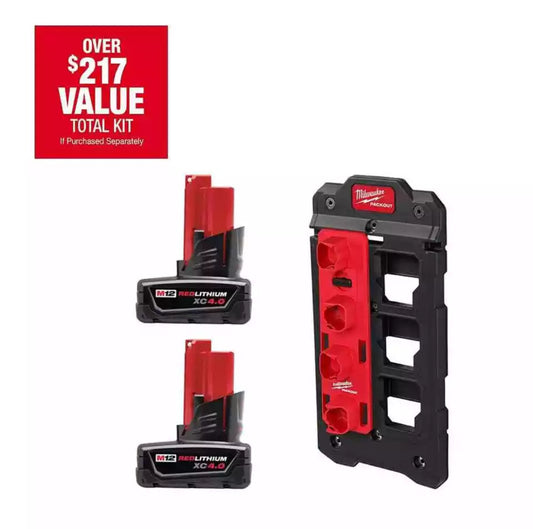 Milwaukee M12 12V Lithium-Ion XC Extended Capacity 4.0 Ah Battery 2-Pack W/PACKOUT Compact Wall Plate & M12 Battery Rack