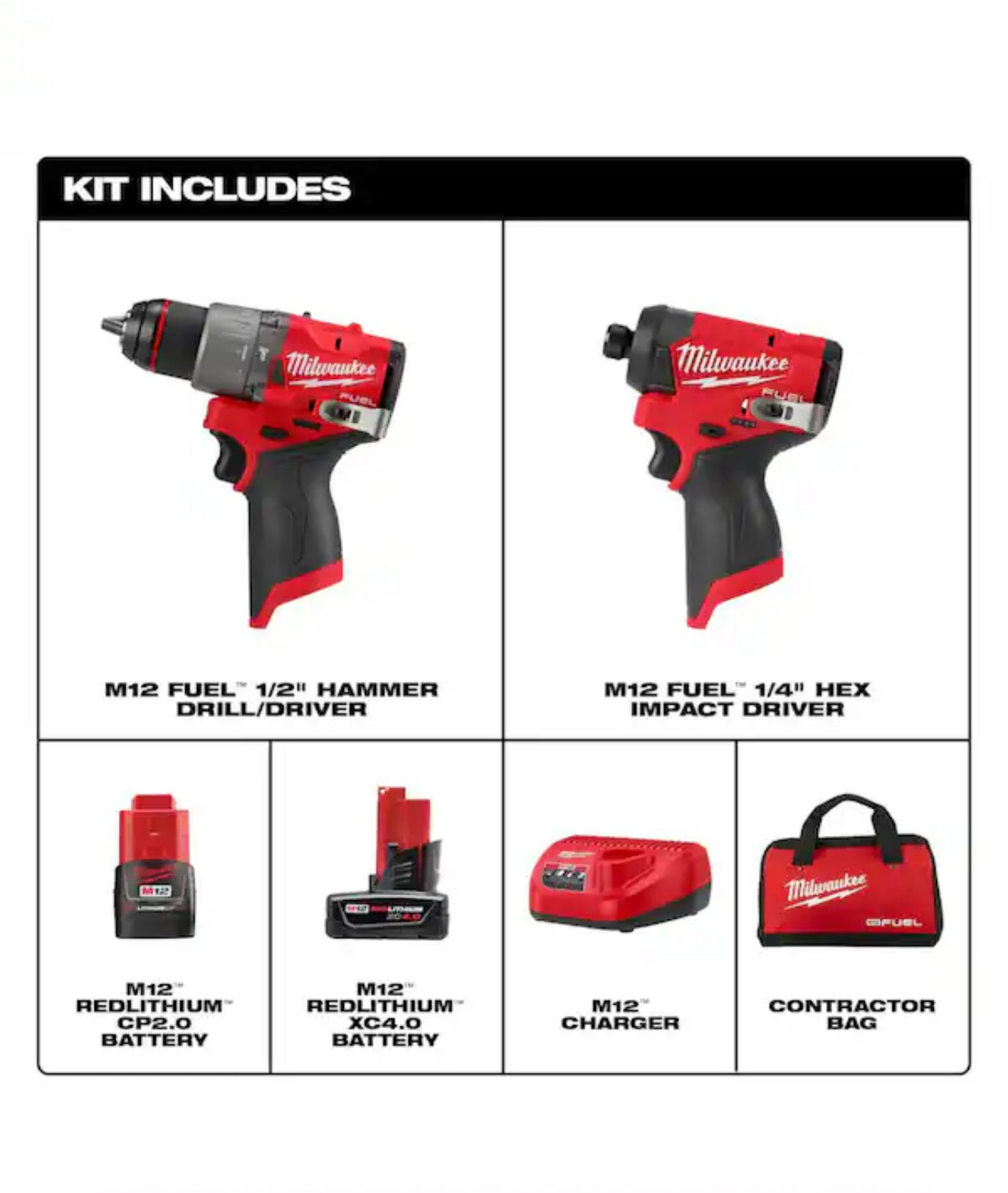 Kit combinado de taladro percutor de combustible y destornillador de impacto Milwaukee M12 (3497-22) 