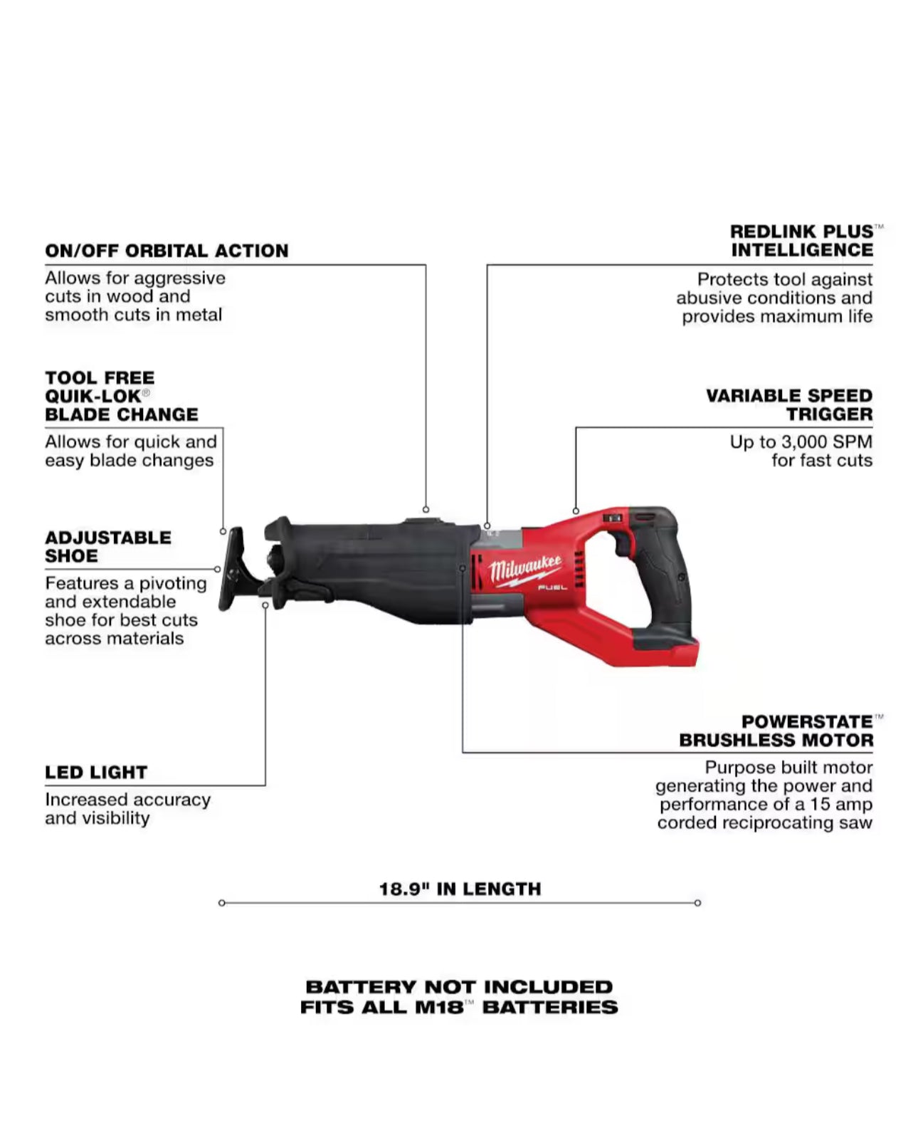 Milwaukee M18 FUEL Brushless Cordless Super SAWZALL Orbital Reciprocating Saw (2722-20)