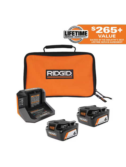 RIDGID 18V (2) 4.0 Ah Battery Starter Kit with Charger and Bag