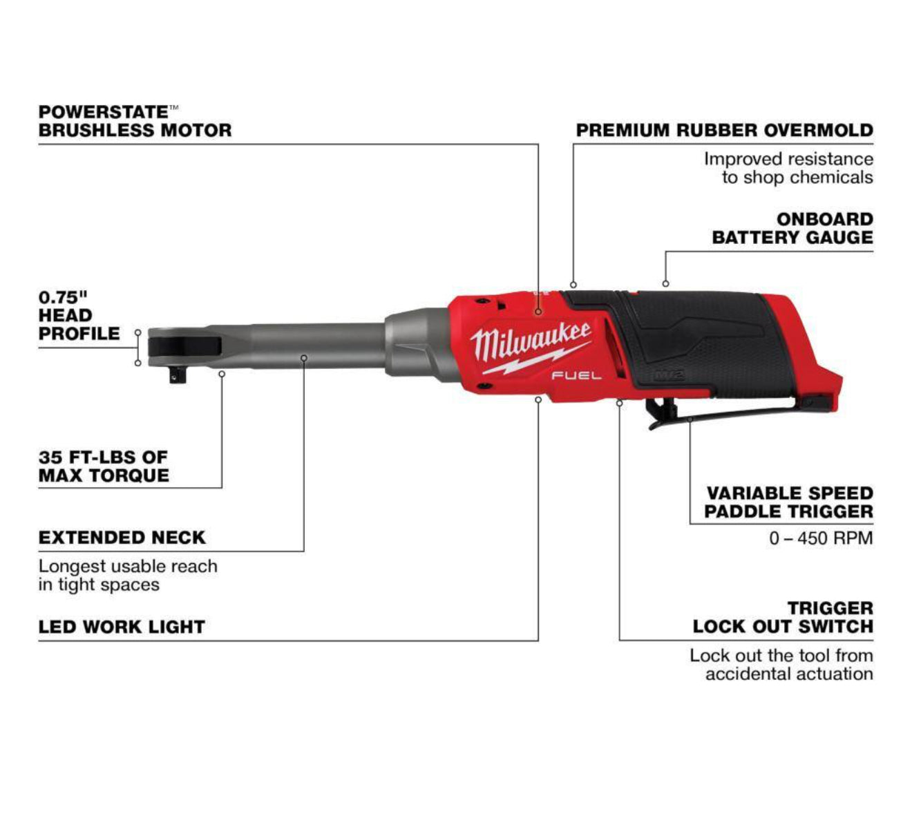 Milwaukee M12 FUEL 1/4 Extended Reach High Speed Ratchet (2568-20)