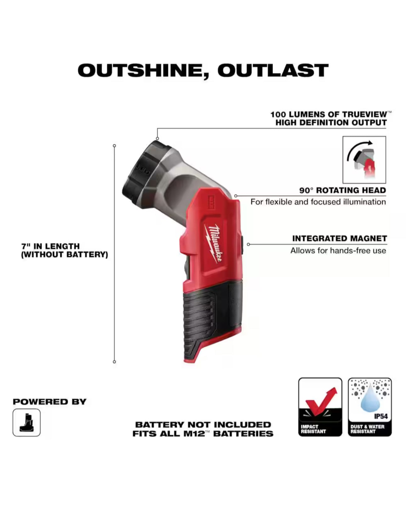 Milwaukee M12 Cordless 100 Lumens LED Work Flashlight (Tool-only)