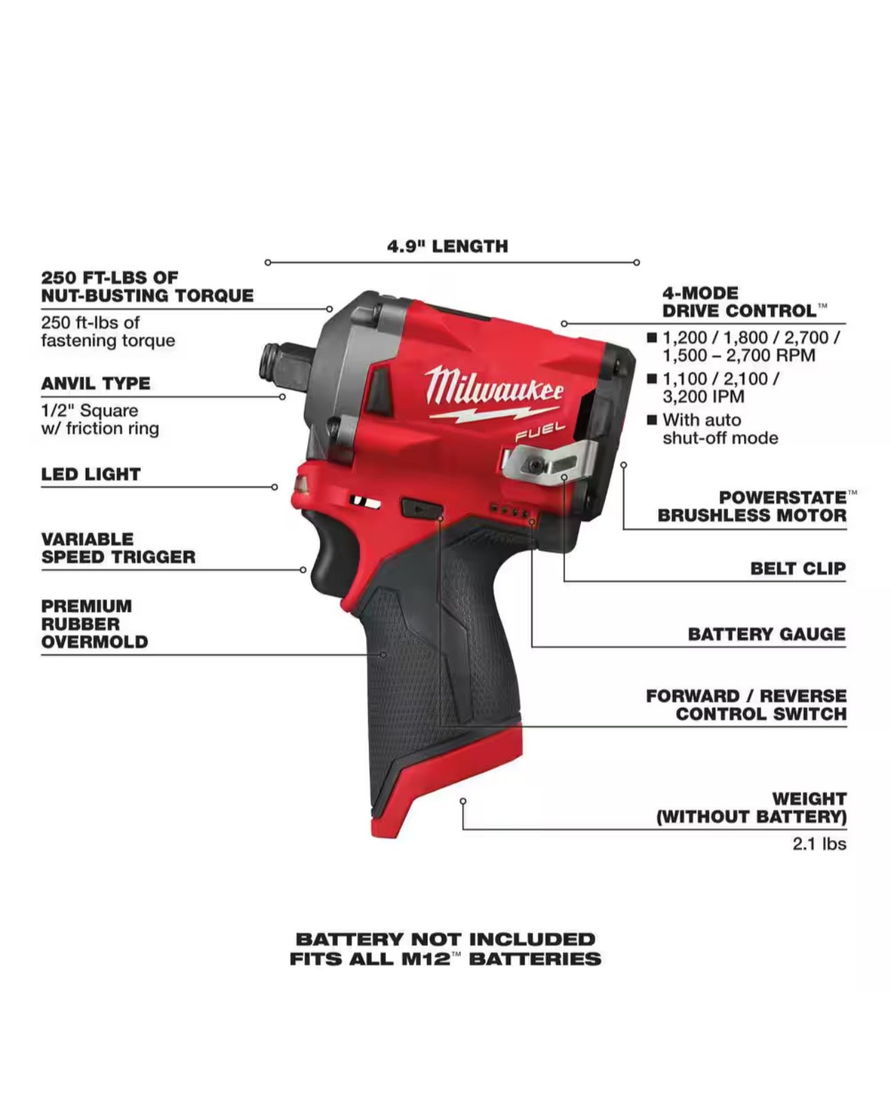 Llave de impacto Milwaukee M12 Fuel Stubby de 1/2 pulg. (2555-20) 