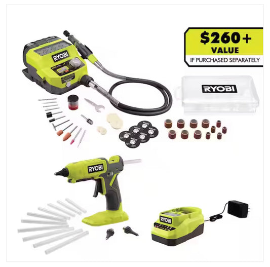 RYOBI ONE+ 18V Cordless 2- Tool Combo Kit with Rotary Tool Station, Dual Temperature Glue Gun, 2.0 Ah Battery and Charger